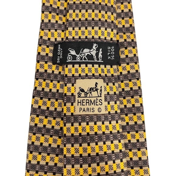 Hermes Other - Hermes Men's Tie Geometric Plaid Brown/Gold Silk 816 EA 3.5" (W) x 58.5" (L) euc
